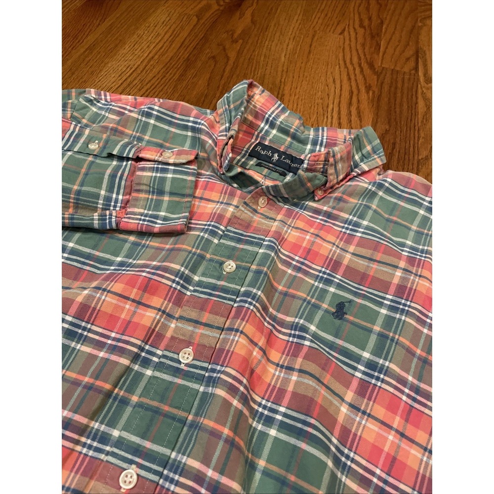 Ralph Lauren Men's Custom Fit Shirt Pink‎ Teal Plaid Pony Cotton Size Large